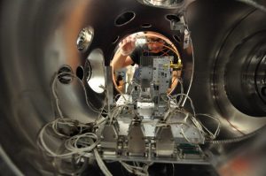 A look inside the RCI sample chamber while researchers close up the chamber for vacuum for an experiment at LCLS. Image: Diling Zhu/SLAC.