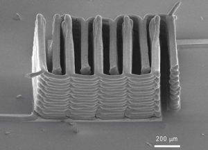 A research team from Harvard University and the University of Illinois at Urbana-Champaign has demonstrated the ability to 3D print a battery.  This image shows the interlaced stack of electrodes that were printed layer by layer to create the working anode and cathode of a microbattery. Image: Jennifer A. Lewis.