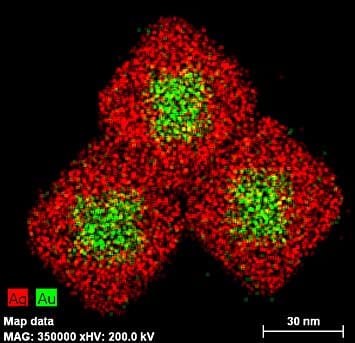 Electron microscopy "maps" of octahedral gold nanoparticles surrounded by cubic silver shells. Attaching a biomolecule (e.g., DNA) to these nanoparticles strengthens a signal representing a difference between left- and right-handed molecules' response to light by 100 times, and pushes it toward the visible range of the electromagnetic spectrum.