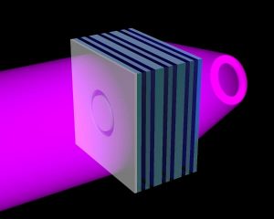 A NIST team has created an ultraviolet (UV) metamaterial formed of alternating nanolayers of silver (green) and titanium dioxide (blue). The metamaterial has an angle-independent negative refractive index, enabling it to act as a flat lens. When illuminated with UV light (purple) a sample object of any shape placed on the flat slab of metamaterial is projected as a three-dimensional image in free space on the other side of the slab. Here a ring-shaped opening in an opaque sheet on the left of the slab is replicated in light on the right. Bottom left: Scanning electron micrograph of a ring-shaped opening in a chromium sheet located on the surface of a flat slab of metamaterial. Bottom right: Optical micrograph of the image projected beyond the slab under UV illumination, demonstrating that the metamaterial slab acts as a flat lens. Image: Lezec/NIST.