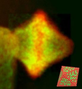 This is an electron micrograph and atomistic model (bottom right) of a highly oxygen-activating platinum-nickel catalyst particle. Its diameter is approximately 10,000 times smaller than the diameter of a human hair. Red spheres represent platinum atoms and green spheres represent nickel atoms. One of the properties of such octahedra is that most surface atoms have the same geometric arrangement. The micrograph was taken at the PICO microscope. Image: Forschungszentrum Jülich/TU Berlin.