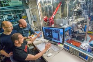 Goldberg, with team members Iacopo Mochi and Markus Benk, gather around the control center for the SHARP microscope, an extreme-ultraviolet-wavelength microscope dedicated to photomask imaging for the commercialization of EUV photolithography.