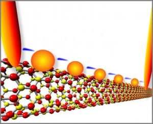 Electrons flash across a series of gold quantum dots deposited on a boron nitride nanotubes. Scientists at Michigan Technological University made the quantum-tunneling device, which behaves like a transistor at room temperature, without using any semiconducting materials. Image: Yoke Khin Yap.