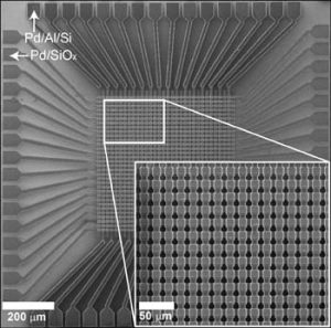 A scanning electron microscope image shows details of a 1-kilobit crossbar memory array designed and built at Rice University using silicon oxide as the active element. Image: Tour Group/Rice University.