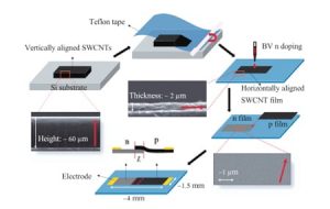 These schematic diagrams depict the fabrication process for p-n junction photodectors using flattened, highly aligned nanotube carpets. Image: X. He/Rice University.