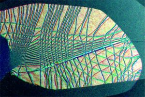 Three dark field-transmission electron microscopy images of bilayer graphene are overlaid with colors to show diffraction angles. The lines are soliton boundaries. Image: Muller lab.