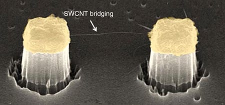 SEM image of an individual SWCNT bridging two pillar posts, which are separated 3 μm from centre to centre. The directional growth starts from the Co metal catalyst located on top of the pillars (shaded yellow; Image: I. Sarpkaya et al. / NPG)
