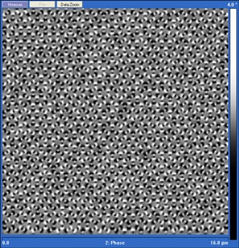 Magnetic force microscope image of emergent domains of ordered magnetic charges in honeycomb artificial spin ice. The black and white dots in the image are the north and south magnetic poles of the nanomagnets. Image: I. Gilbert, U. of I. 