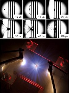 Hypervelocity impact of an aluminum sphere into a 4 layer Whipple-type shield of bulk metallic glass panels.