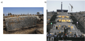 Figure 1. a) Kchakars (cross-stones) at the Noratus cemetery, indicating that scientists (possibly chemists) were at work in Armenia already in the 10th century. b) Cafesjian Center for the Arts. Photographs taken by A. K. H. Hirsch and J. H. Kalter-Meuken.