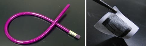 Flexible toy pencil (left) traces are made of polymer/graphite composite, which function as chemiresistor upon exposure to volatile chemical vapors. Image courtesy of Jiaxing Huang.
