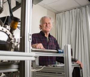 Walt de Heer, a Regent’s professor in the School of Physics at the Georgia Institute of Technology, poses with equipment used to measure the properties of graphene nanoribbons. De Heer and collaborators from three other institutions have reported ballistic transport properties in graphene nanoribbons that are about 40 nanometers wide. Image: Georgia Tech/Rob Felt.