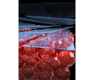 This shows molecules in face-on orientation inside organic solar cell. Image from NC State University. Artist: Peter Allen.