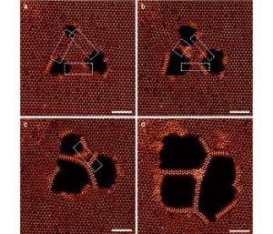 Series of still scanning electron micrographs (a to d) show how the electron beam is used to create nanowires. Image: Junhao Lin / Vanderbilt.