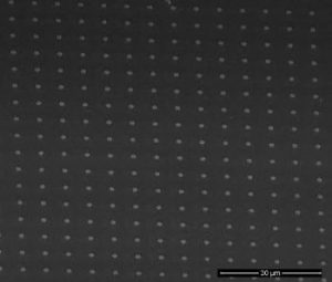 Scanning electron microscope (SEM) image of nickel islands on silicon protected by a titanium dioxide film. Image: Shu Hu/Caltech.