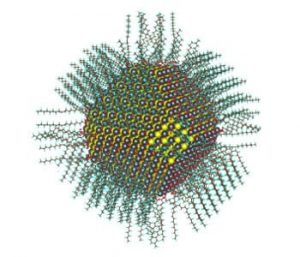 Calculated atomic structure of a 5nm diameter nanocrystal passivated with oleate and hydroxyl ligands. Image courtesy of Berkeley Lab.