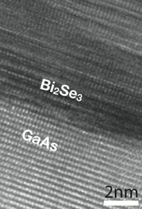 The atomic layers of the topological insulator bismuth selenide are visible in this high-resolution electron microscope image. Credit: Penn State.