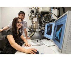 Haimei Zheng and Hong-Gang Liao used TEMs at the National Center for Electron Microscopy and a K2-IS camera to record the first direct observations of facet formation in platinum nanocubes. Photo by Kelly Owen.