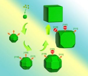 Berkeley Lab researchers found that differences in ligand mobility during crystallization cause the low index facets – {100}, {110} and {111} – to stop growing at different times, resulting in the crystal’s final cubic shape. Image courtesy of Haimei Zheng group.