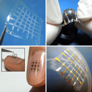 Images of an organic-based electrical device on a highly flexible, stretchable, and patchable freestanding polymeric substrate.