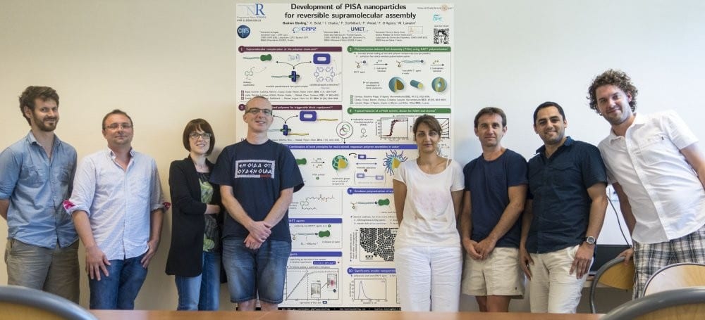 Members of the ANR STRAPA team and the winning poster on PISA Nanoparticles: Matthieu Fumagalli, François Stoffelbach, Aurélie Malfait, Patrice Woisel, Muriel Lansalot, Franck D’Agosto, Khaled Belal, Bastian Ebeling (left to right).