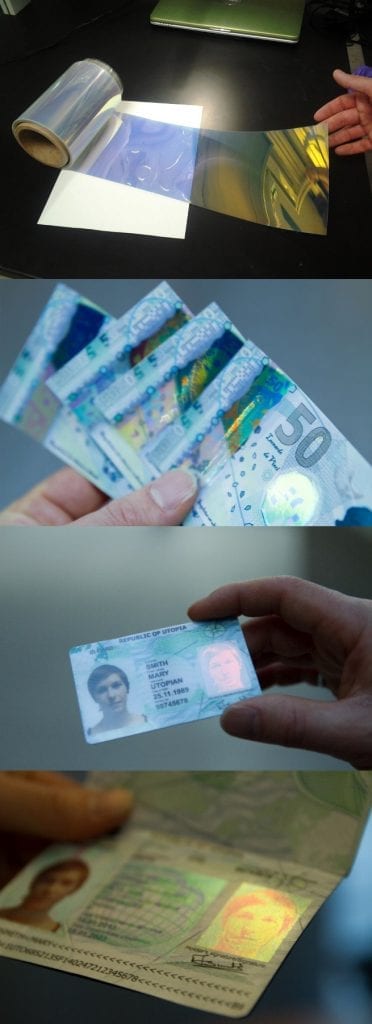 OpalPrint roll-to-roll manufactured photonic color base material fabricated into product specific security features on banknotes, identification cards and passports – courtesy of Opalux Inc.