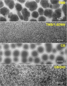 Transmission electron microscopy images show the stark morphological differences of PSCs processed by different solvents. The scale bar is 200 nm.