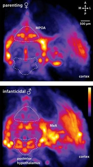 Activity in areas of the brain responsible for parenting-related behaviour in mice.