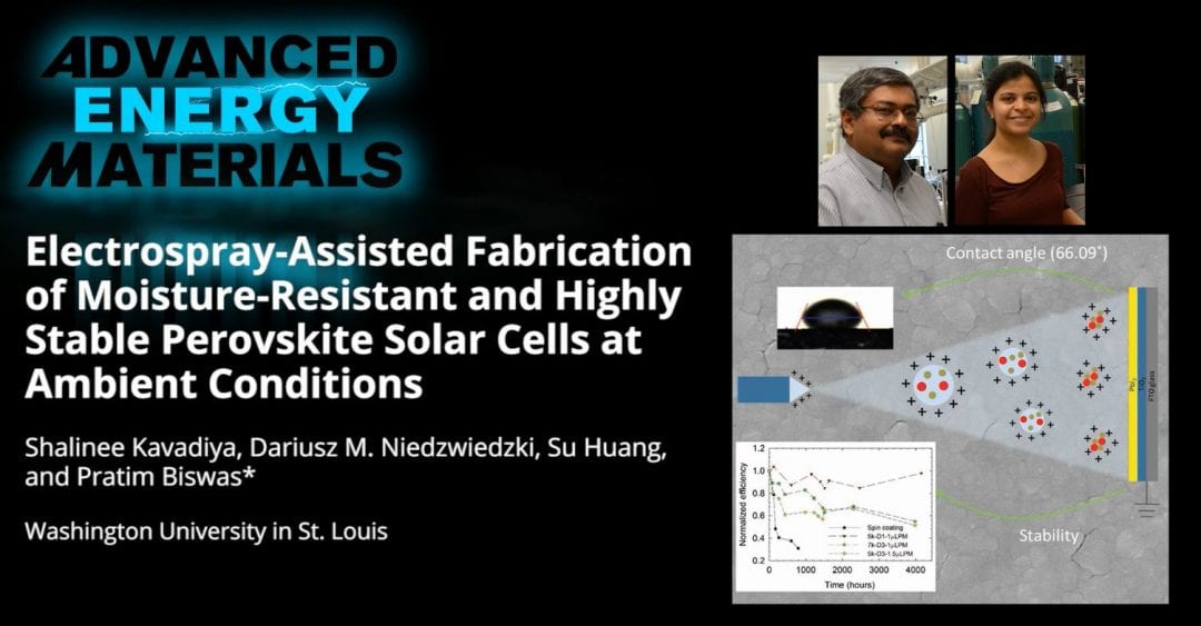 Electrospray-Assisted Fabrication of Moisture-Resistant and Highly Stable Perovskite Solar Cells