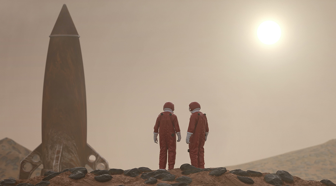 two astronauts in a Martian landscape