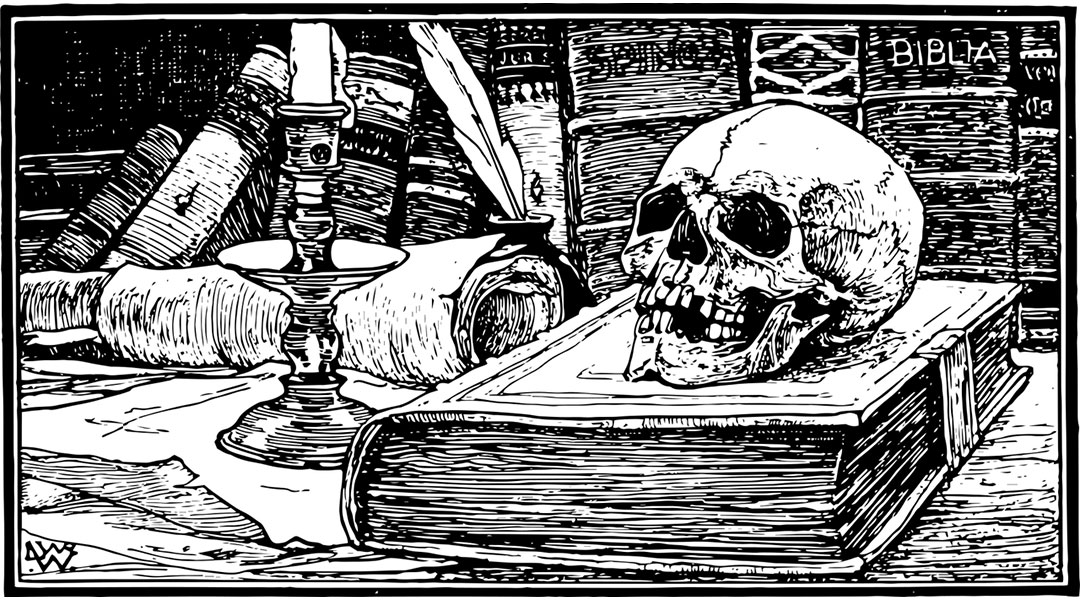 A cartoon image of a skull resting on a book