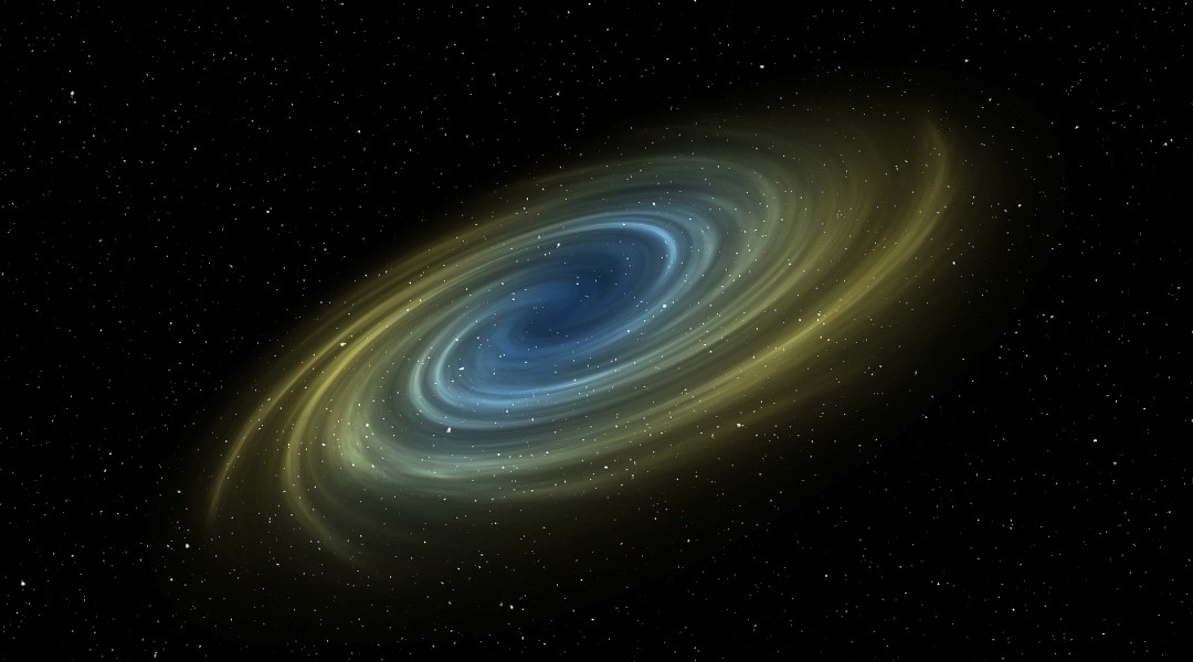 A spiral galaxy on a black background.