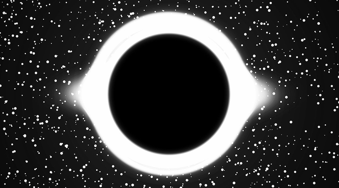 Artist depiction of a black hole on a stary background.