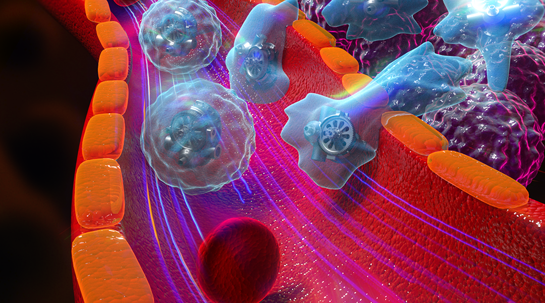 Computer-generated image of medical microrobots in the bloodstream.