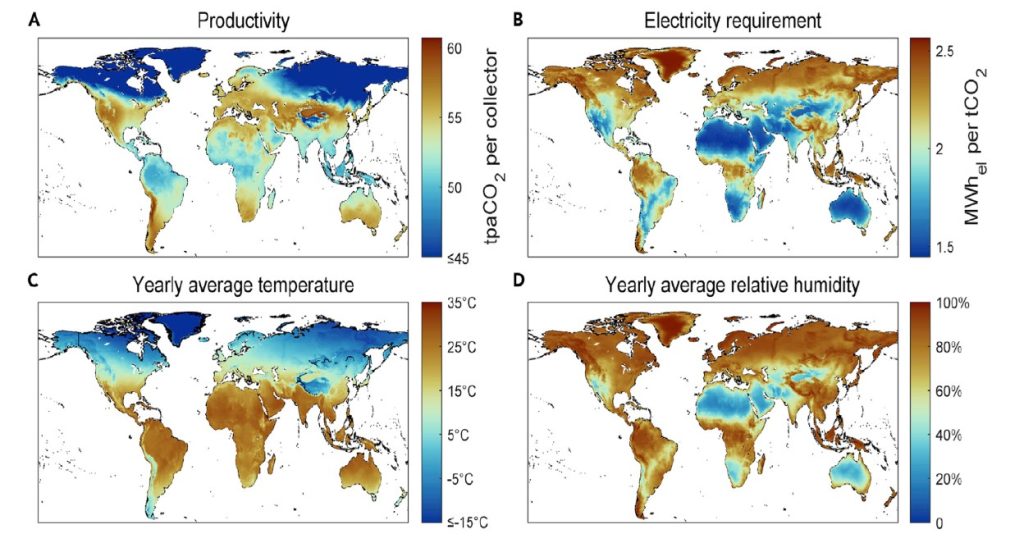 Global map showing humidity and temperature around the world for direct air capture.