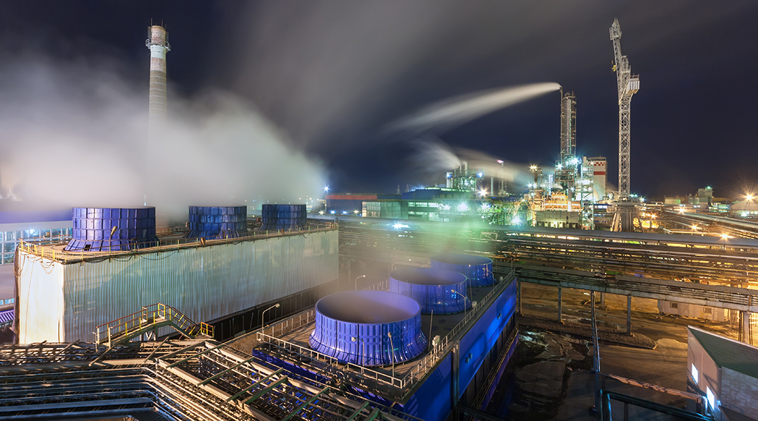 An ammonia plant at night.