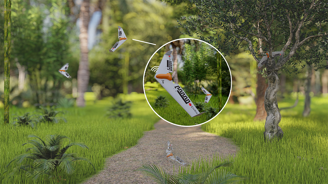 A biodegradable drone monitoring the woods.