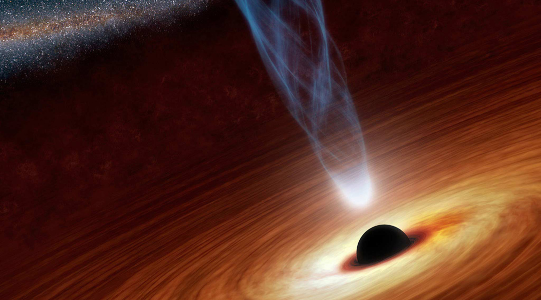 An illustration of a jet of energy erupting from a supermassive black hole.