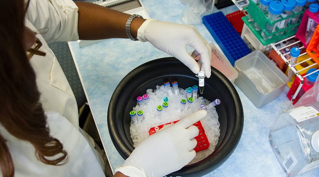 A scientist handling biological samples.