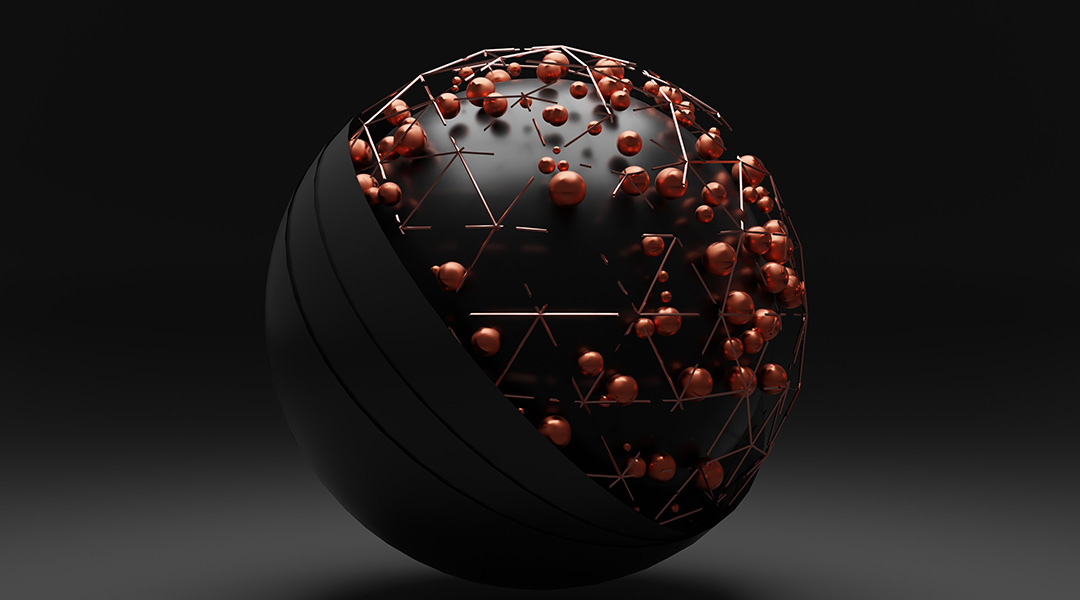 Abstract image of a black sphere with brown smaller spheres attached to it.