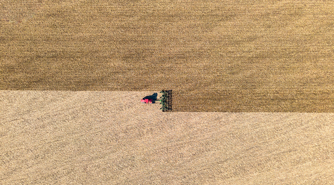 A tractor harvesting crops.