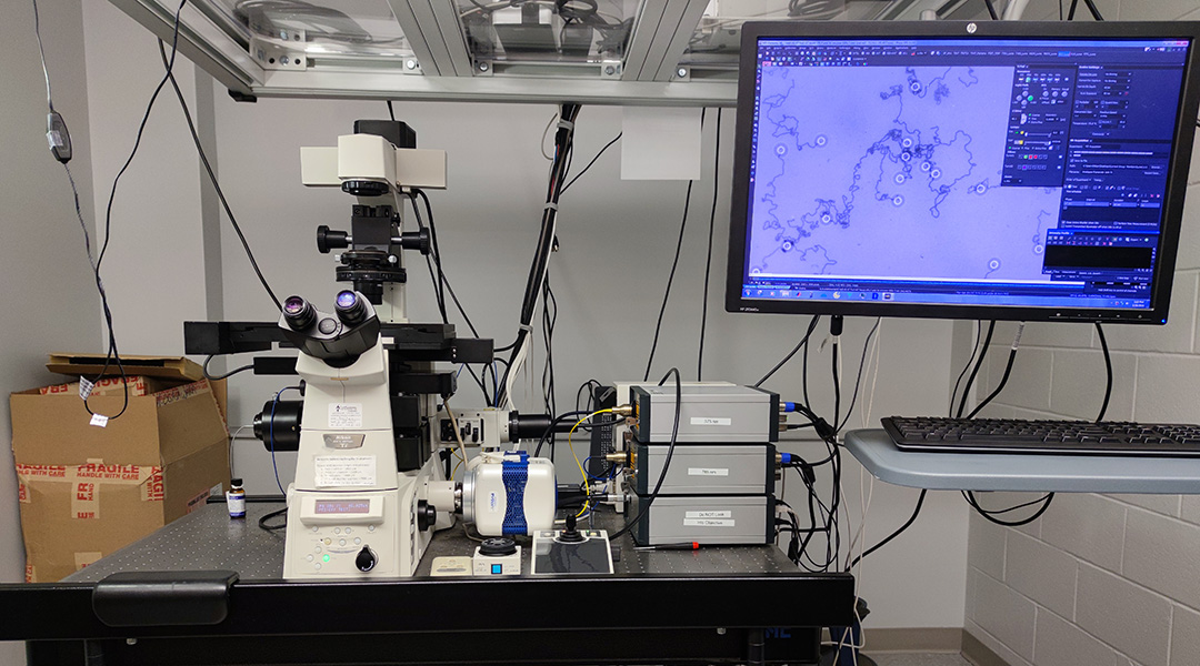 A microscope set up in a lab monitoring DNA nanomotors.