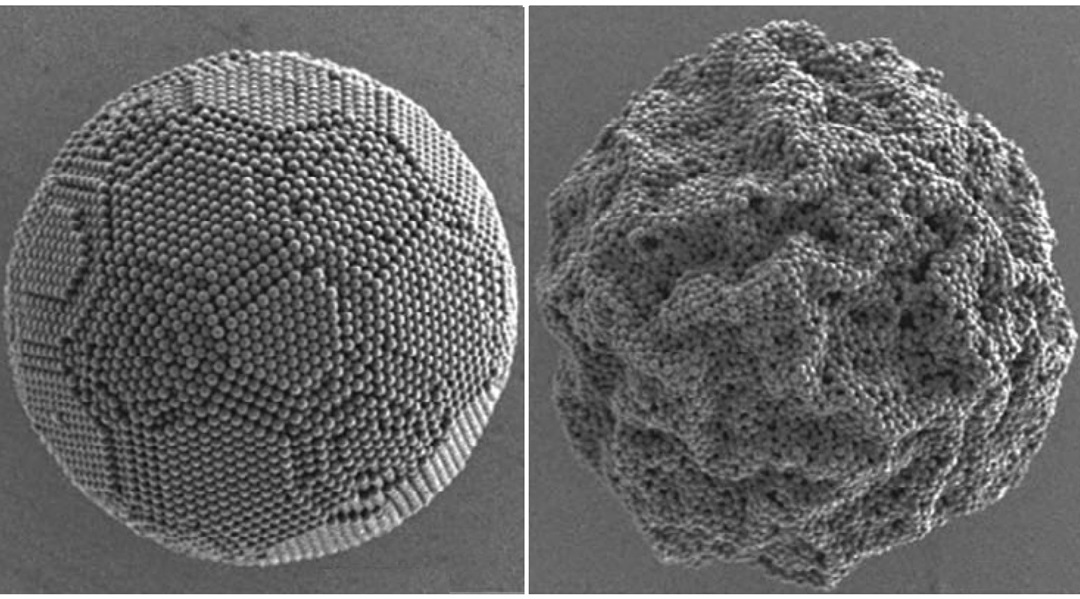 beautiful microscope images of supraparticles, smooth and buckled