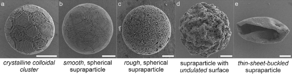 Polystyrene supraparticles with different surface morphologies.