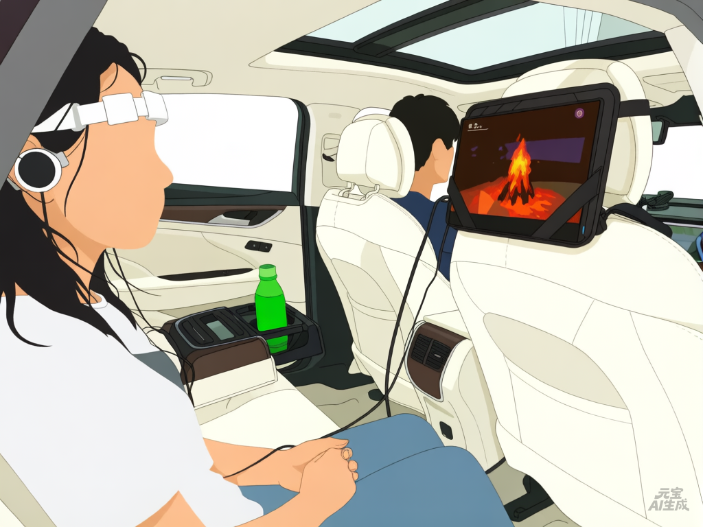 KD – Car sickness article cartoon image Cartoon of someone in the back of a car, watching TV and wearing a special headband