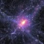 This visualization shows galaxies, composed of gas, stars and dark matter, colliding and forming filaments in the large-scale universe providing in a view of the Cosmic Web.