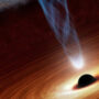 An illustration of a jet of energy erupting from a supermassive black hole.